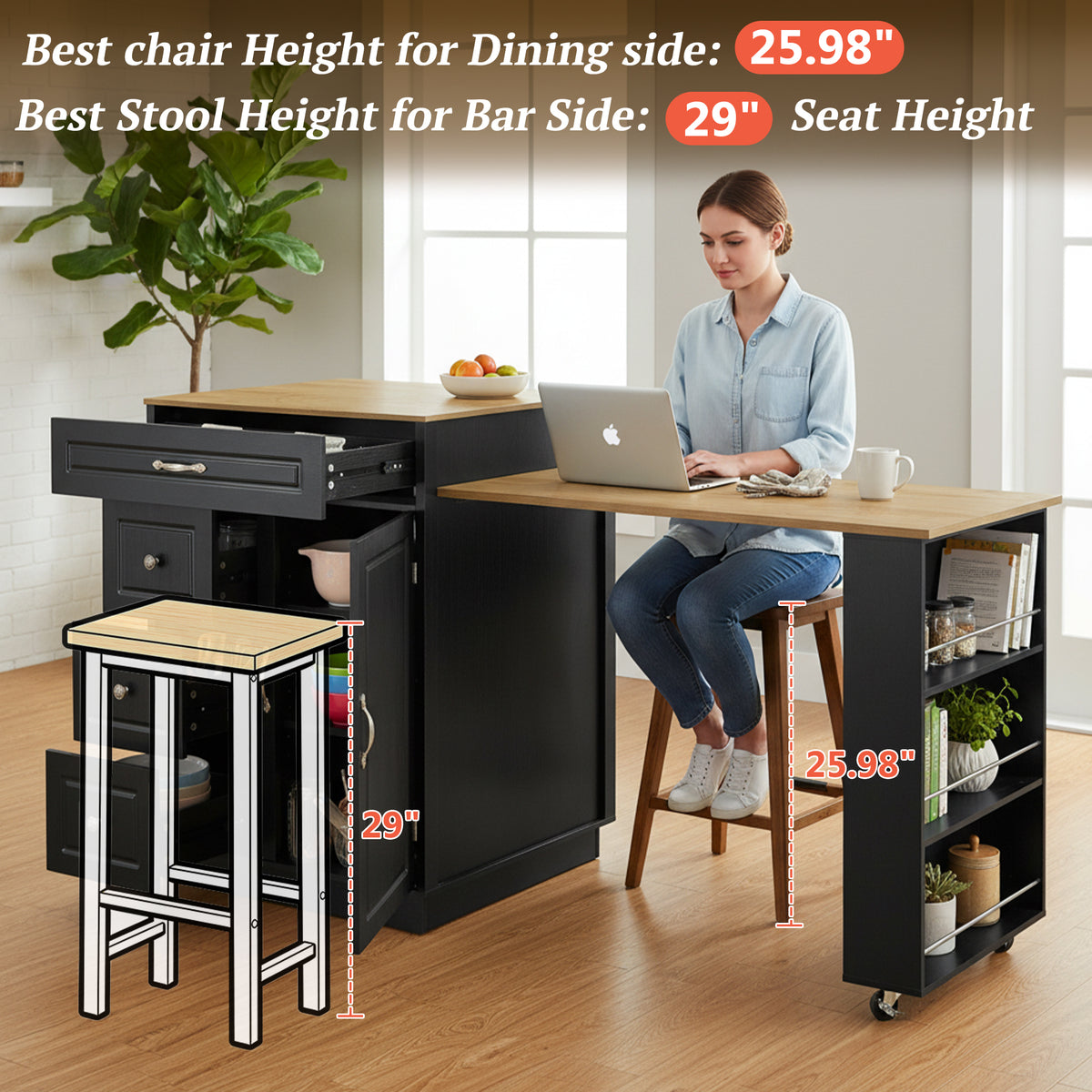 variant-group:rf-n711wy000493aab|Roomfitters Black and Natural Wood MDF Extendable Bar Cabinet, Rolling Kitchen Island Table, Wine Rack Storage