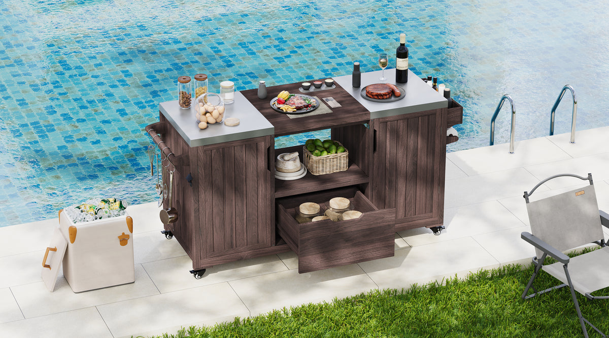 variant-group:rf-n707p250629z|Roomfitters 66.5" Outdoor Kitchen Island for Big Kamado Grills, Wood Grill Cart with Stainless Steel Top, Storage, Dark Brown
