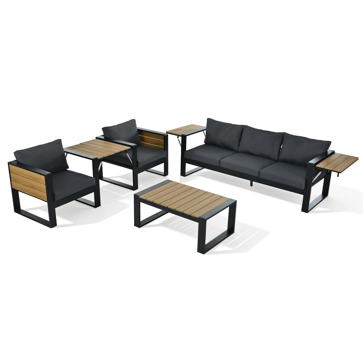 variant-group:rf-n704g201257e|Roomfitters 4-Piece Aluminum Patio Conversation Set with Four Fold-Out Side Trays and Slatted Coffee Table Gray