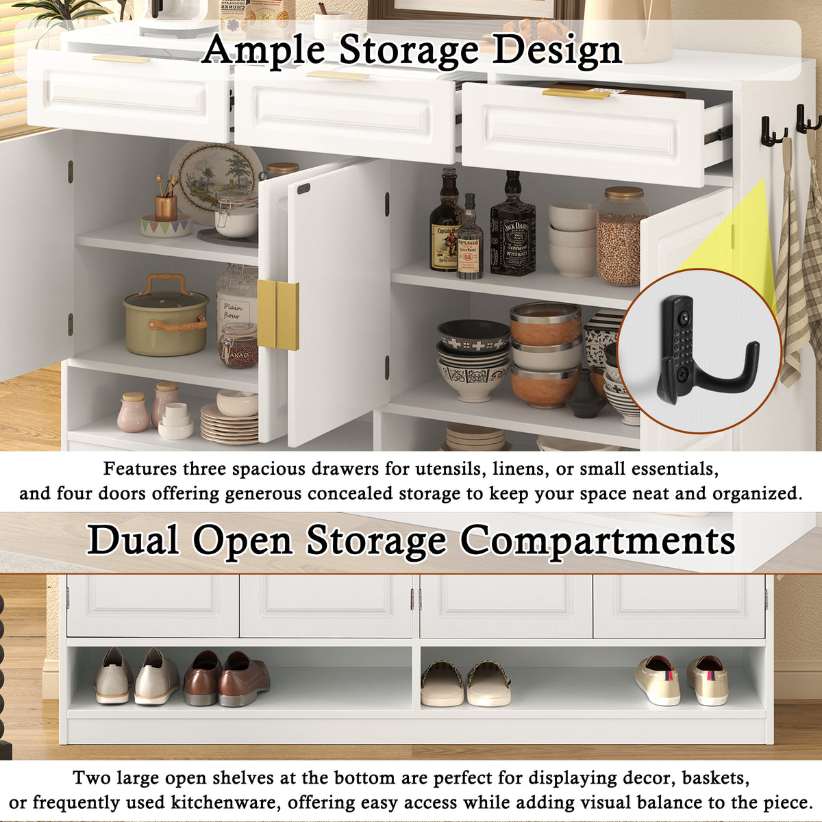 variant-group:rf-n711p345213k|Roomfitters 59.1" Farmhouse Sideboard Buffet Cabinet with 3 Drawers and 4 Doors, Kitchen Storage with Open Shelf, White