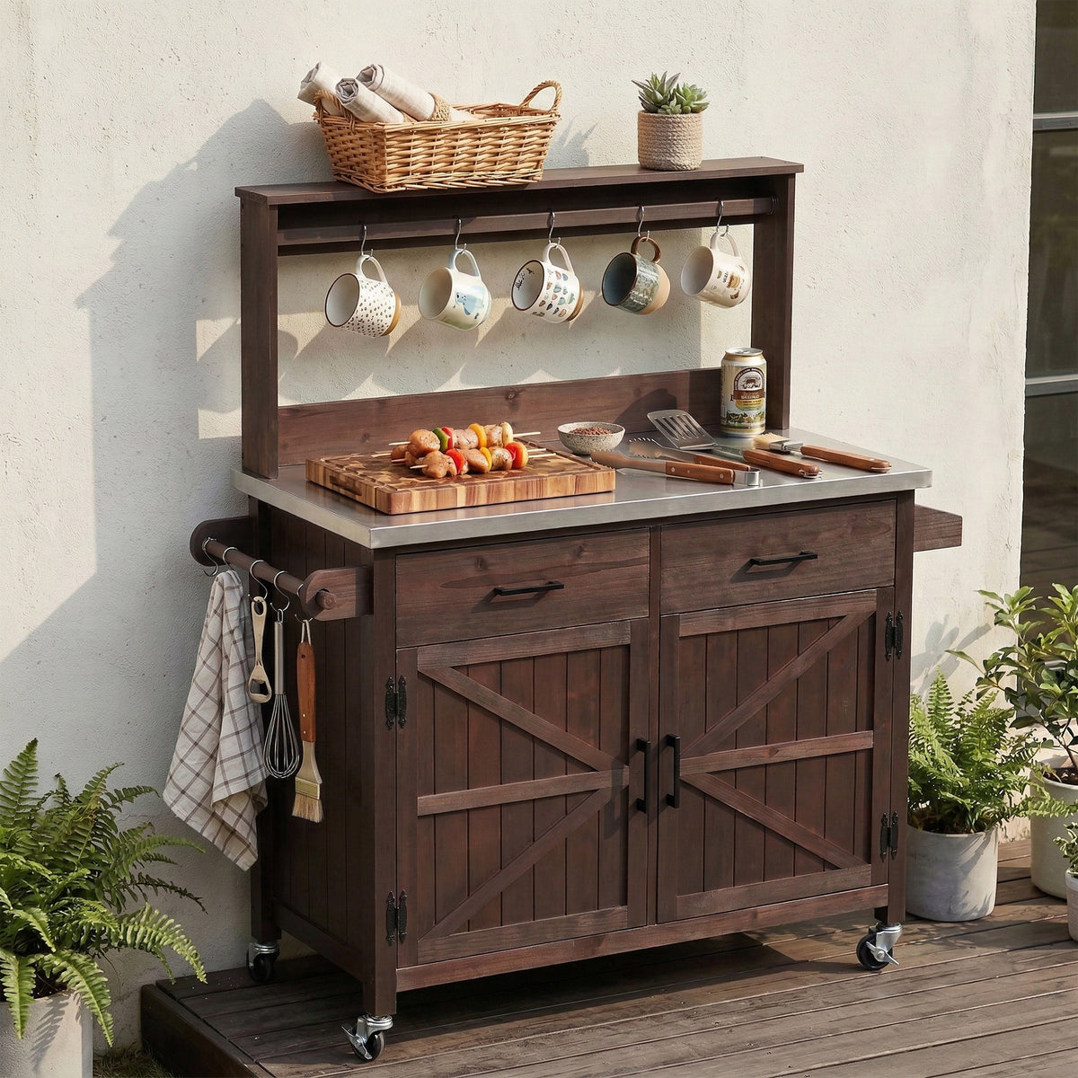 variant-group:rf-n707p409087z|Roomfitters 54.1" Grill Cart, Outdoor Kitchen Prep Station with Stainless Steel Top and Propane Tank Storage, Dark Brown