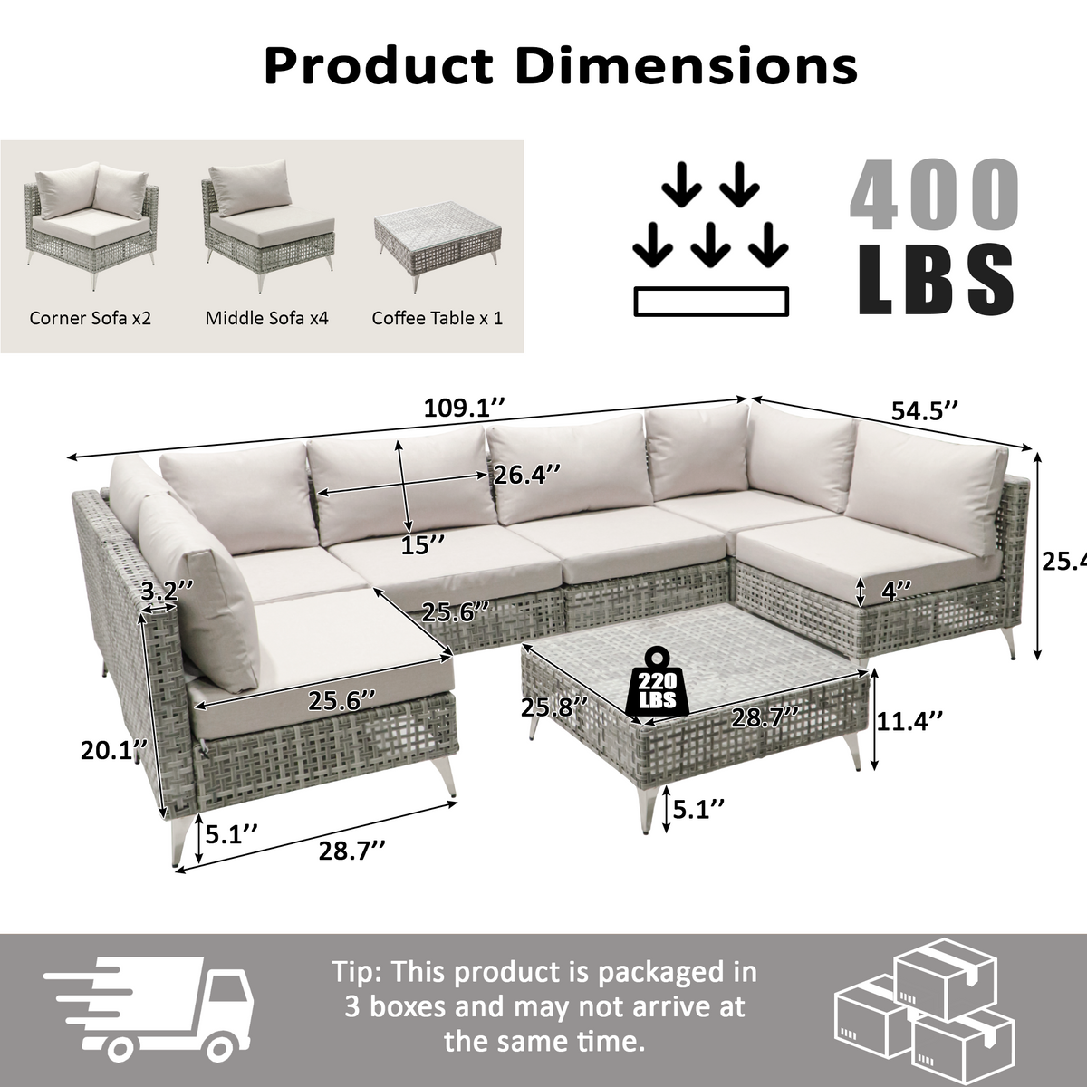 variant-group:rf-n707s000011g|Roomfitters 7-Piece Wicker Patio Furniture Set, Outdoor Sectional Sofa with Water-Resistant Cushions, Table, Grey