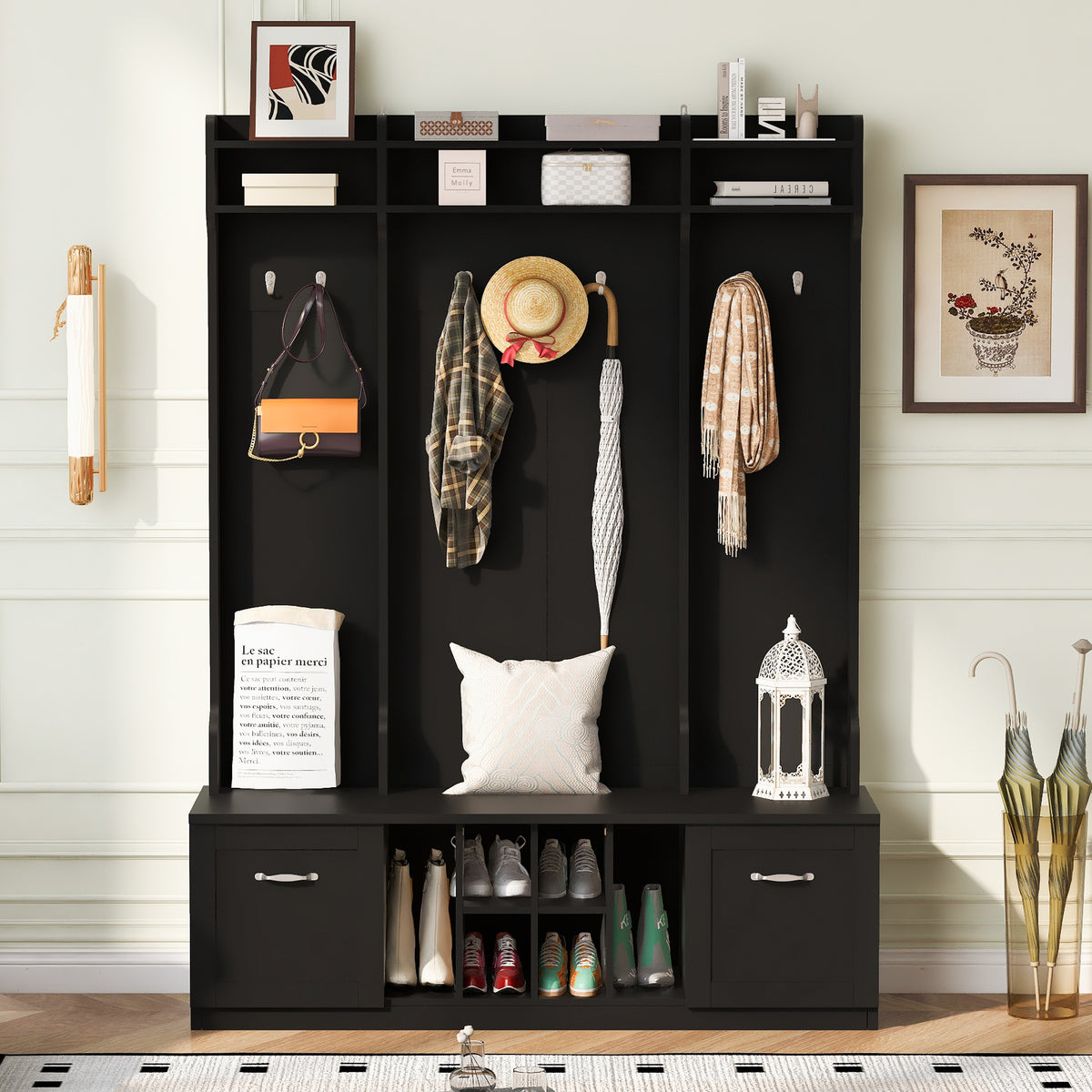 variant-group:rf-n724p235232b|Roomfitters 5-in-1 Entryway Bench with Coat Rack, Hooks, Drawers and Adjustable Shelves, Hall Tree for Hallway or Living Room, Black