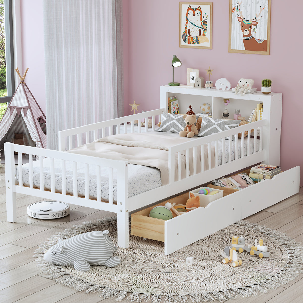 variant-group:rf-n733p272374k|Roomfitters Twin Bed with Headboard Storage Rack, Under-Bed Storage and Three-Side Guardrails, White