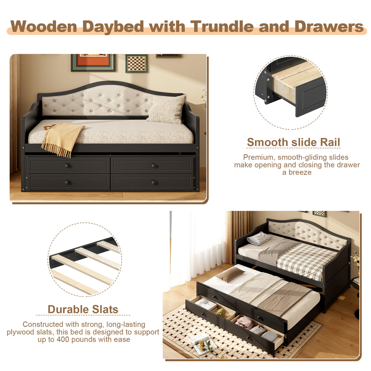 variant-group:rf-n733s346767p|Roomfitters Twin Daybed with Trundle, Wooden Sofa Bed with 2 Storage Drawers & Tufted Backrest, Black