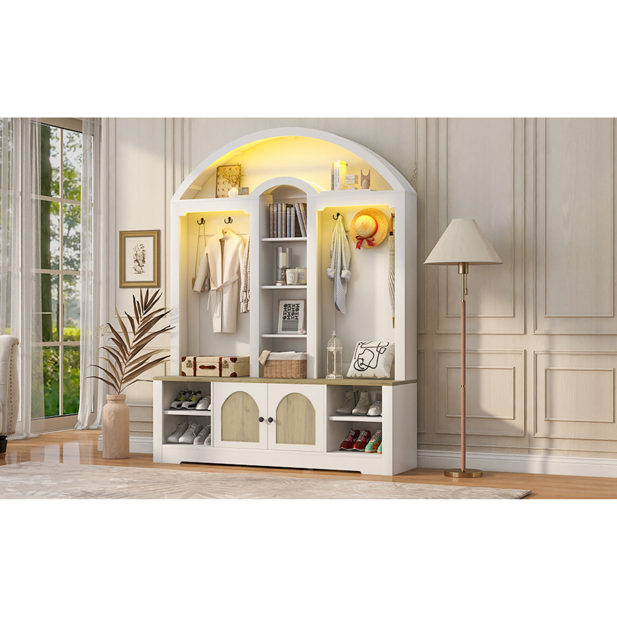 variant-group:rf-n724sj000158aak|Roomfitters Multi-Functional Curved Entrance Wardrobe, Hall Tree, White & Walnut