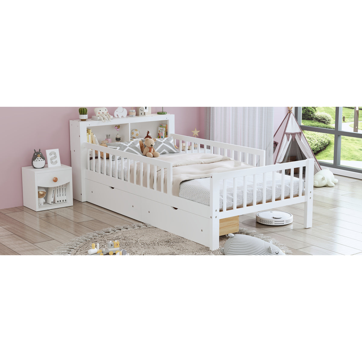 variant-group:rf-n733p272374k|Roomfitters Twin Bed with Headboard Storage Rack, Under-Bed Storage and Three-Side Guardrails, White