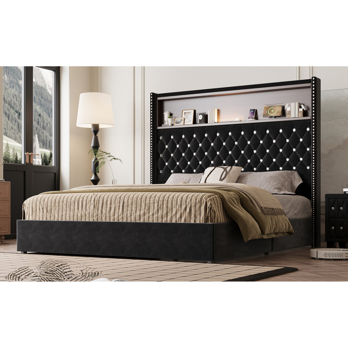 variant-group:rf-n733p367135b|Roomfitters Queen Velvet Tufted Platform Bed with Charging Ports, Tall Wingback Headboard with Rivet Trim and Shelf, Black