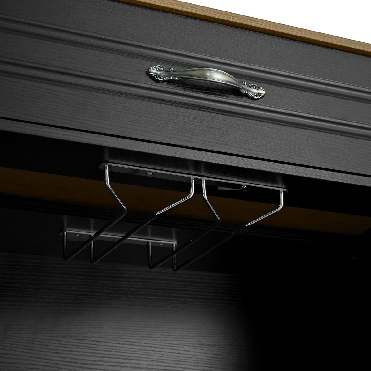 variant-group:rf-n711wy000493aab|Roomfitters Black and Natural Wood MDF Extendable Bar Cabinet, Rolling Kitchen Island Table, Wine Rack Storage