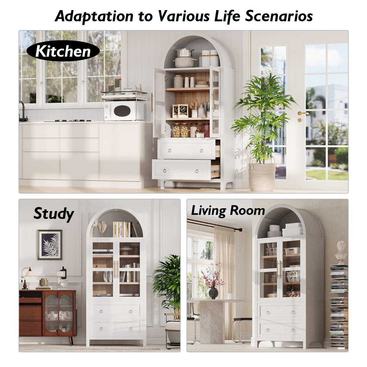 variant-group:rf-n707p288972w|Roomfitters 71" Pantry Cabinet with Arched Top and Glass Doors, 2 Storage Drawers and Adjustable Shelves for Kitchen, White