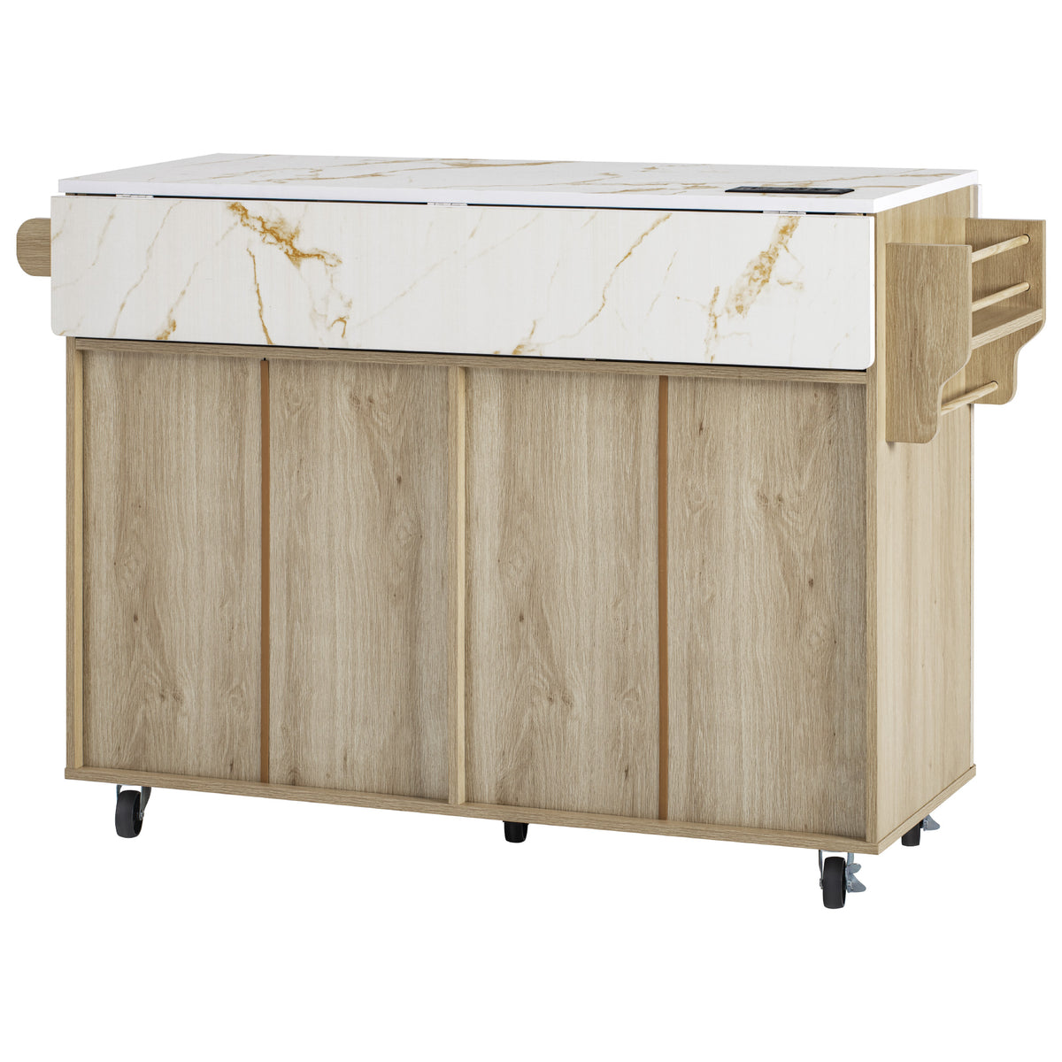 variant-group:rf-n707p353934y|Roomfitters 55.5" Fluted Kitchen Island with Double Drop Leaf, Natural Storage Cart with Power Outlet & Faux Marble Top