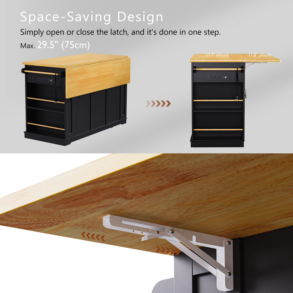 variant-group:rf-n707s003007b|Roomfitters 53" Kitchen Island with 2 Bar Stools, Drop Leaf, Power Outlet, Rolling Kitchen Cart Set with Storage, Black