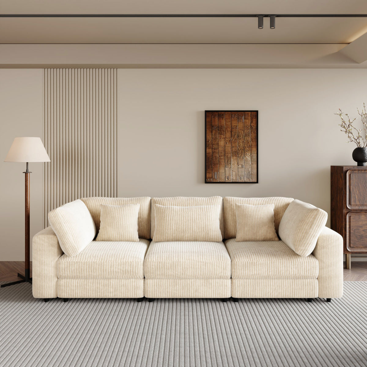variant-group:rf-n711wy000403aaa|Roomfitters 105'' 3-Seater Sofa with Removable Back Cushions and 5 Pillows for Living Room, Apartment, Spacious Space, Beige