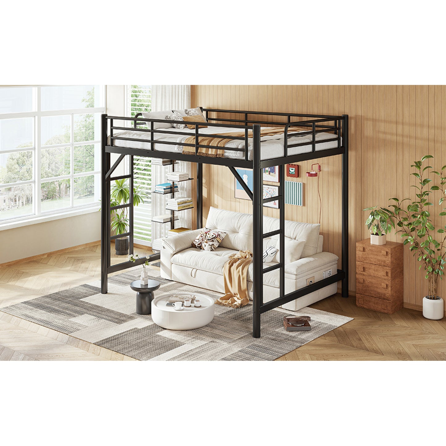 variant-group:rf-w1580p455015|Roomfitters Full Size Metal Loft Bed Frame with Guardrails, Heavy Duty Space Saving High Loft Bed Dual Ladders, Black