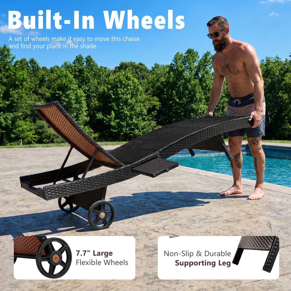 variant-group:rf-n707p395515d|Roomfitters 80"W Patio Chaise Lounge Chairs Set of 2 with Wheels, Folding Table, Adjustable Rattan Loungers, Black & Brown