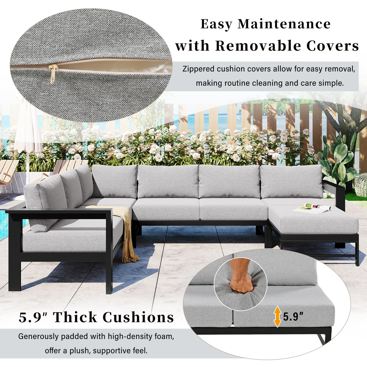 Roomfitters Modern U-Shaped Outdoor Sectional Sofa Set, 5-6 Seat Patio Conversation, Grey Cushions, Iron Frame Pit Roomfitters