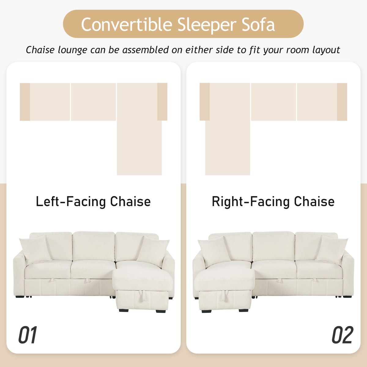 variant-group:rf-n711wy000467aaa|Roomfitters 90" L-Shaped Sectional Sleeper Sofa with Storage Chaise and Pull Out Bed, Fold Down Cup Holder Table, Beige