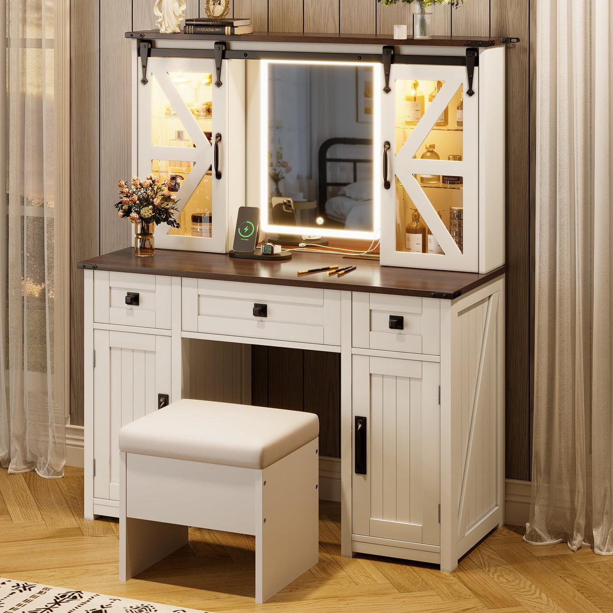Roomfitters Farmhouse Makeup Vanity Desk with Lighted Mirror, Vanity Table Set with Storage Stool, Charging Station, Beige Roomfitters