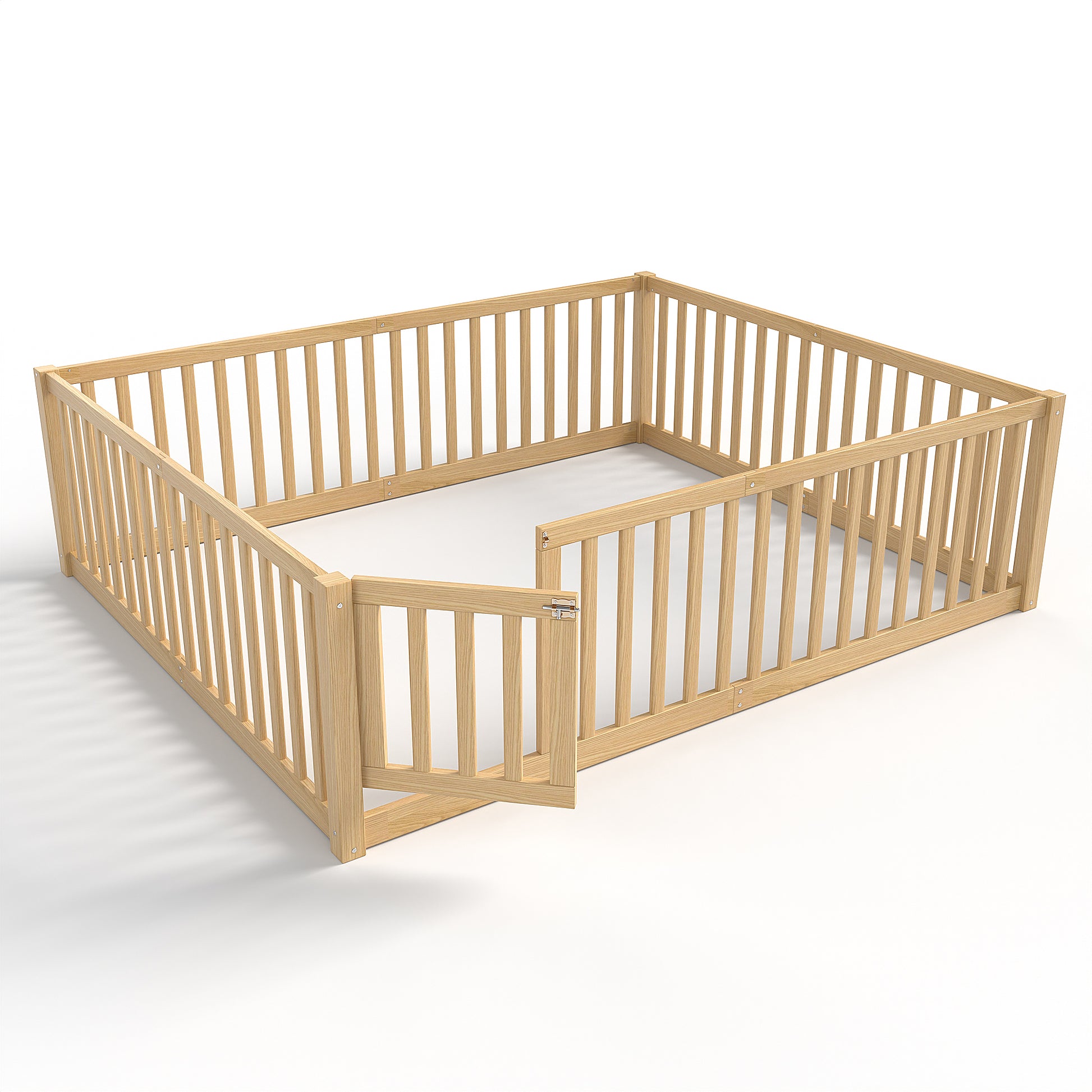 variant-group:rf-w1580p417673|Roomfitters Queen Size Wooden Floor Bed with Safety Guardrails Door, Solid Wood Low Profile Toddler Bed Frame, Natural