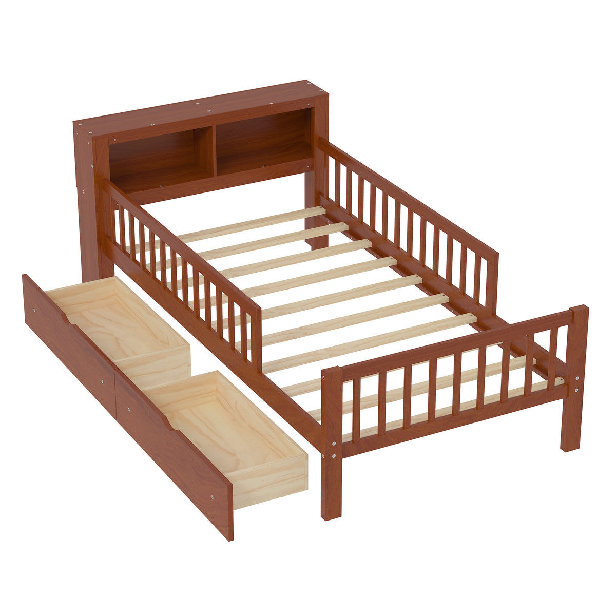 variant-group:rf-n733p272374d|Roomfitters Twin Bed with Headboard Storage Rack, Under-Bed Storage and Three-Side Guardrails, Walnut