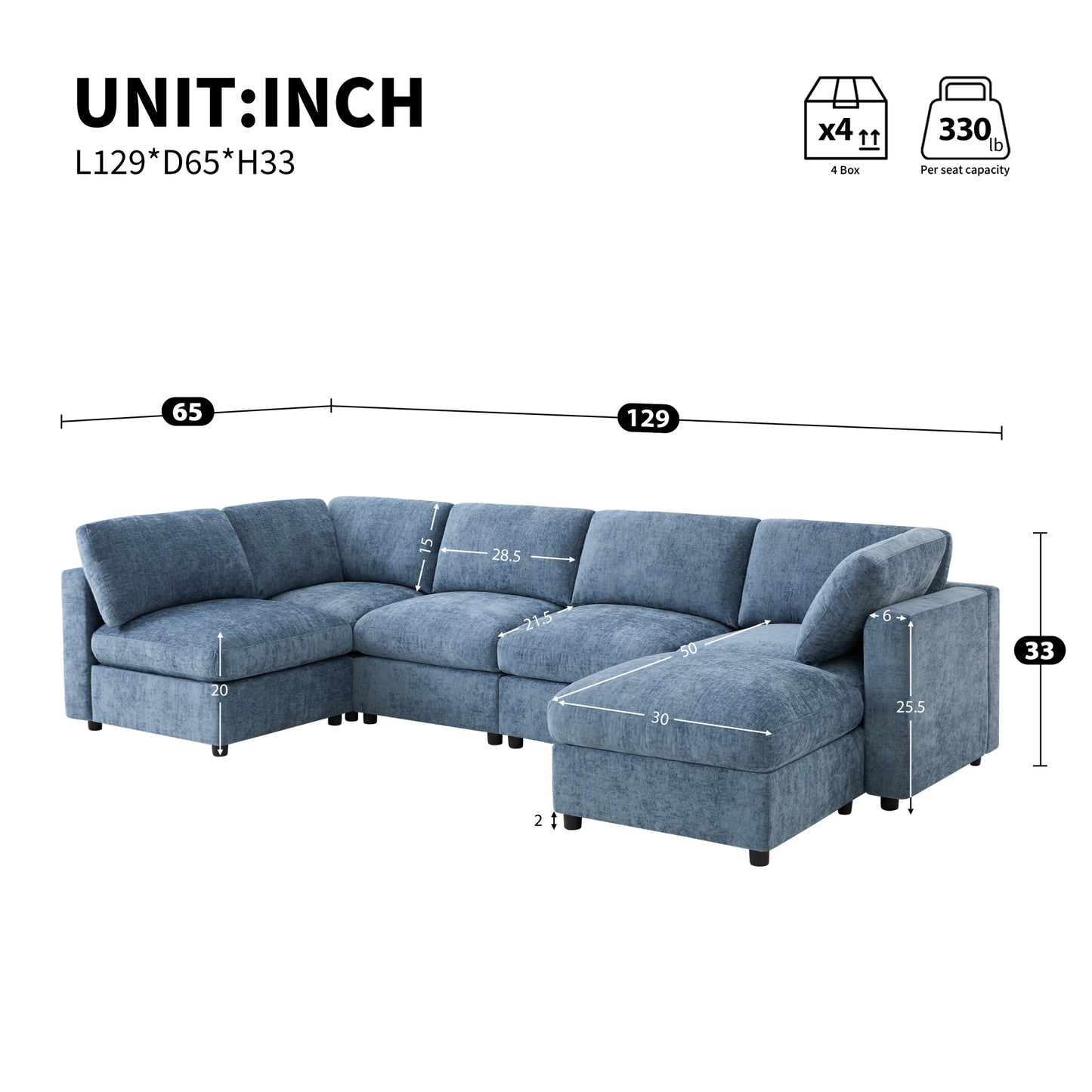 variant-group:rf-n723s9792k|Roomfitters 129 Inch Oversized U-Shaped Modular Sectional Sofa, Large Upholstered Living Room Seating Couch Furniture, Blue