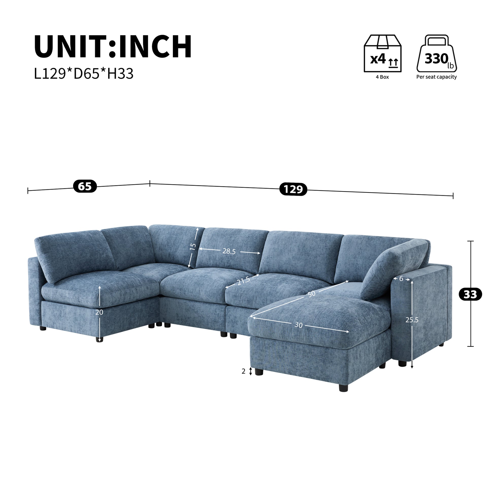 variant-group:rf-n723s9792k|Roomfitters 129 Inch Oversized U-Shaped Modular Sectional Sofa, Large Upholstered Living Room Seating Couch Furniture, Blue