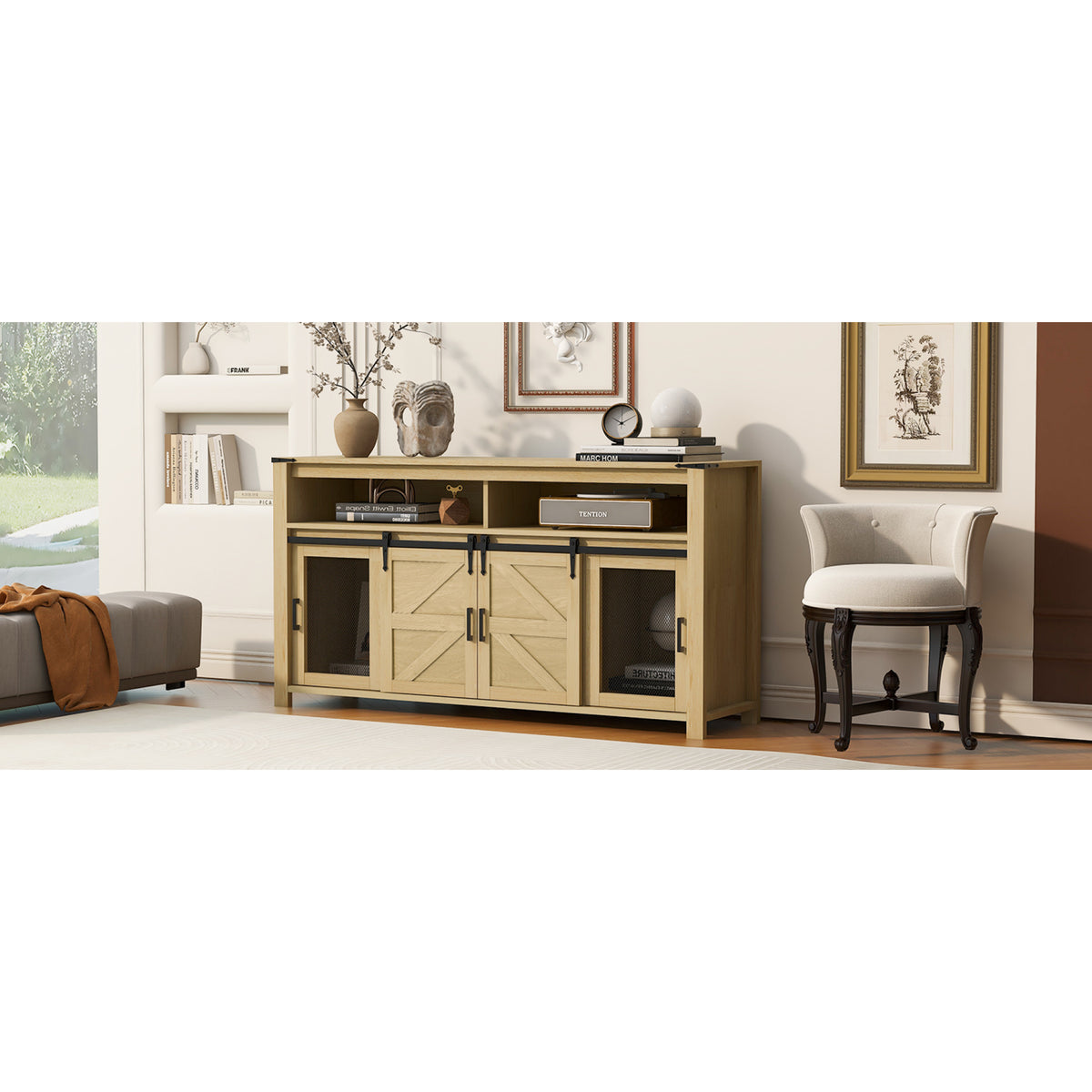 variant-group:rf-n711p347388o|Roomfitters 59.3" Sideboard Buffet Cabinet with Sliding Barn Doors, Modern Farmhouse Storage for Kitchen & Dining, Natural