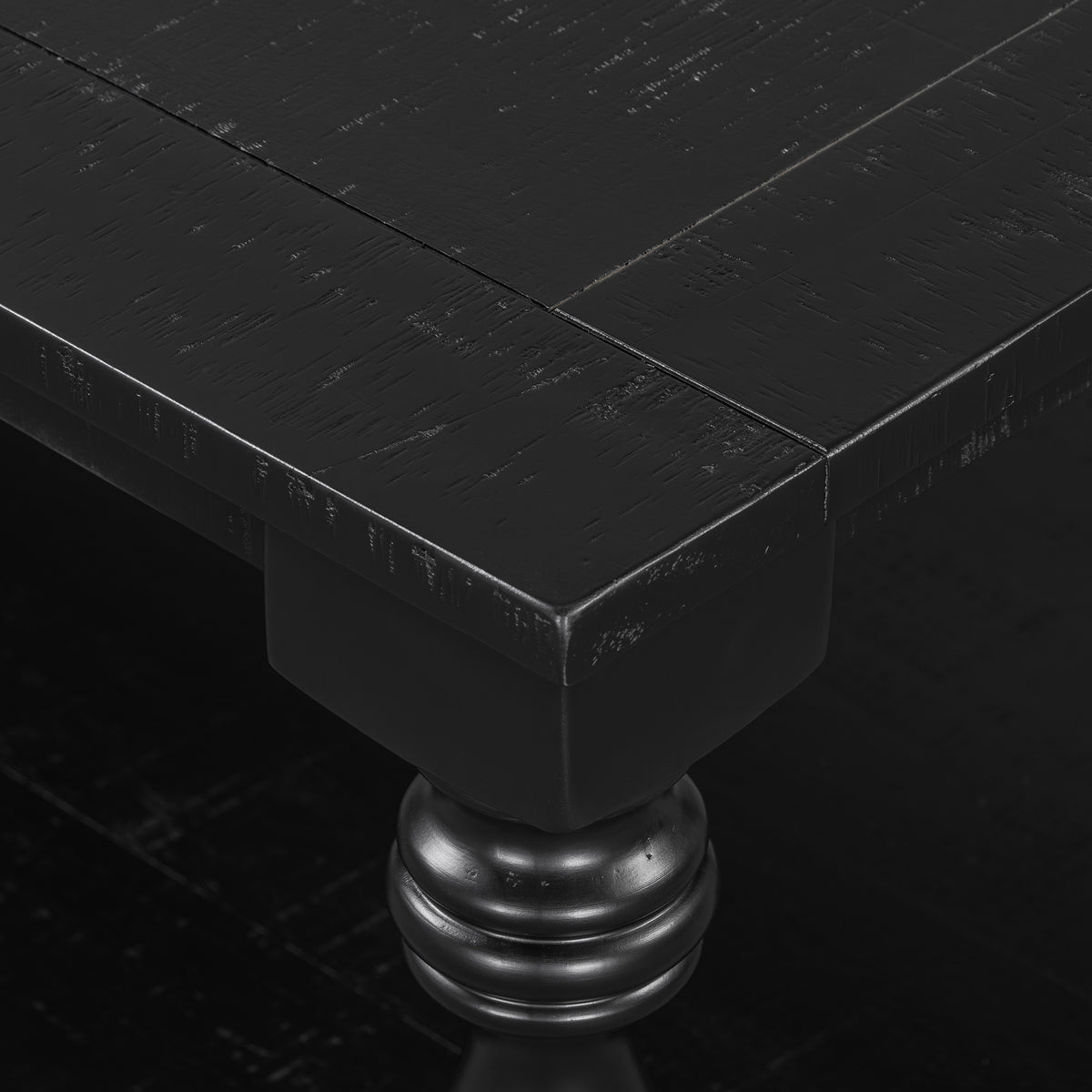 variant-group:rf-n711p407149b|Roomfitters Vintage Black Pine Wood Coffee Table, Sculpted Vase Column Leg Cocktail Table, Living Room Statement Stand