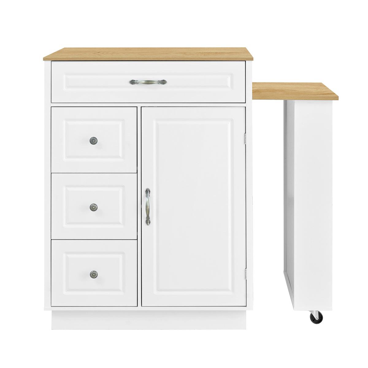 variant-group:rf-n711wy000493aak|Roomfitters White and Natural Wood MDF Extendable Bar Cabinet, Rolling Kitchen Island Table, Wine Rack Storage