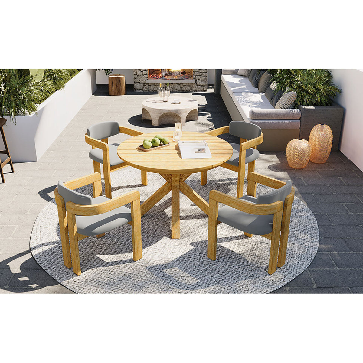 variant-group:rf-n704g201258l|Roomfitters 5-Piece Outdoor Acacia Wood Round Dining Set with Ergonomic Barrel Armchairs Gray Cushions
