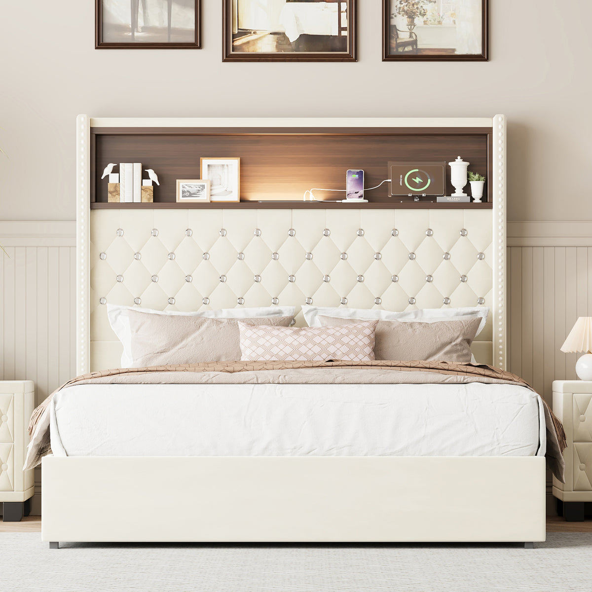variant-group:rf-n733p368653a|Roomfitters Full Velvet Tufted Platform Bed with Charging Ports, Tall Wingback Headboard with Rivet Trim and Shelf, Beige