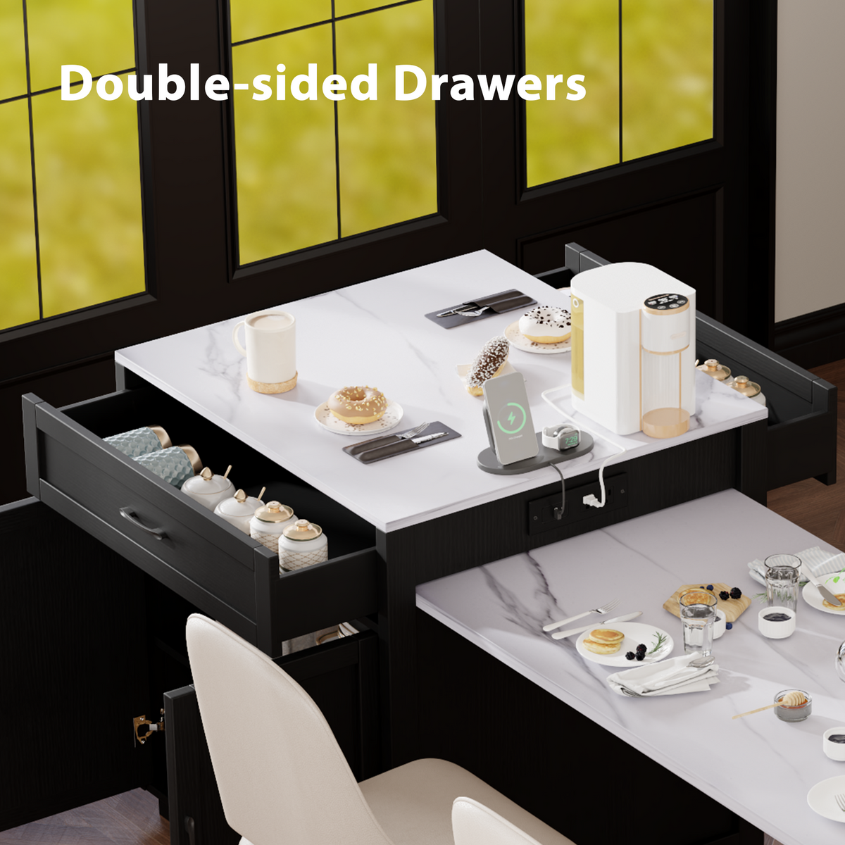 variant-group:rf-n707s000010b|Roomfitters 82.7" Kitchen Island with Extendable Table, Faux Marble Top, Double Storage, Power Outlet, Black