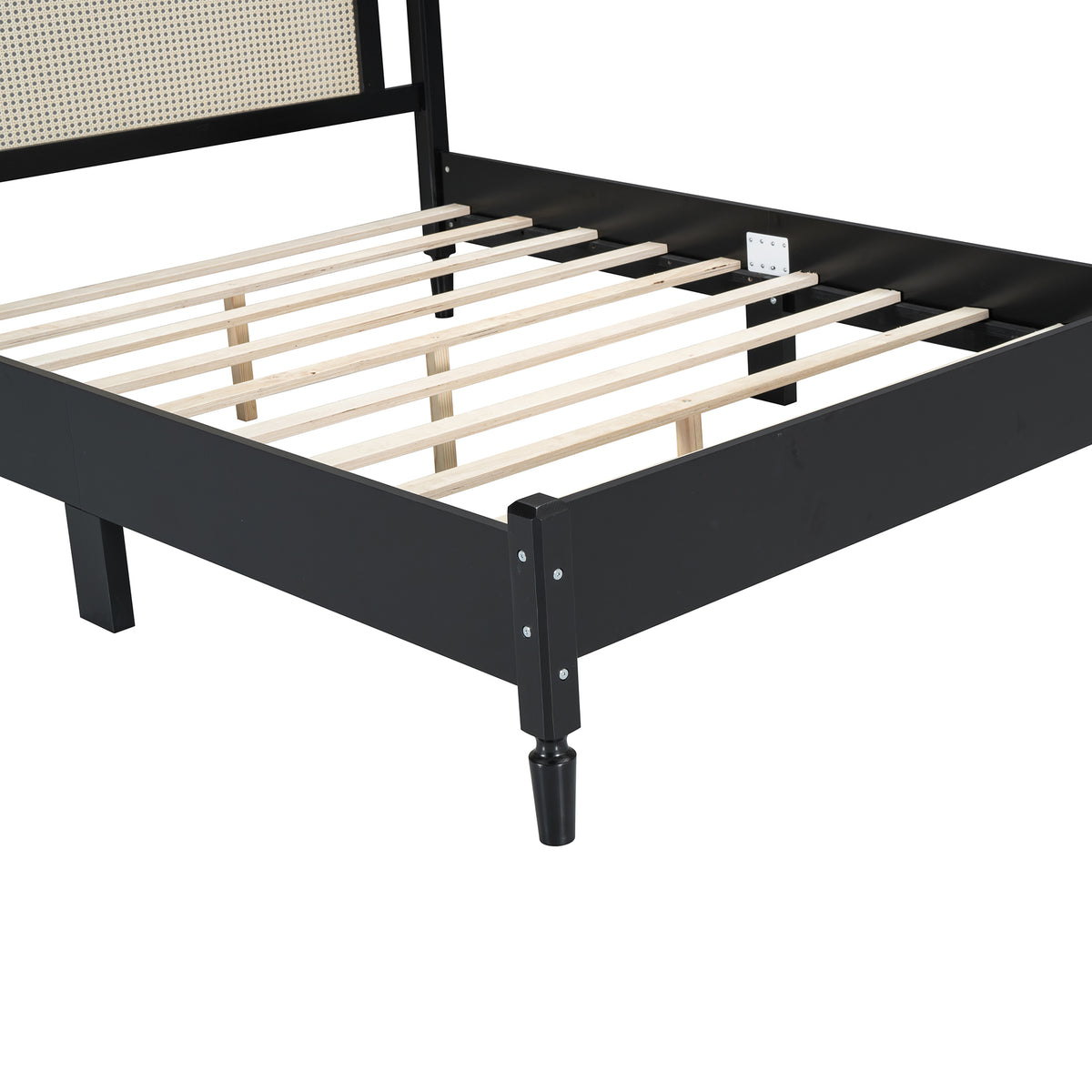 variant-group:rf-n733p180013b|Roomfitters Queen Size Wooden Platform Bed with Natural Rattan Headboard, Vintage-Inspired Bed Frame with Sturdy Wooden Slat Support for Timeless Elegance, Black