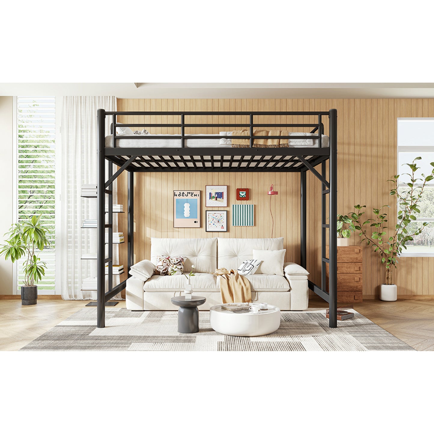 variant-group:rf-w1580p455015|Roomfitters Full Size Metal Loft Bed Frame with Guardrails, Heavy Duty Space Saving High Loft Bed Dual Ladders, Black