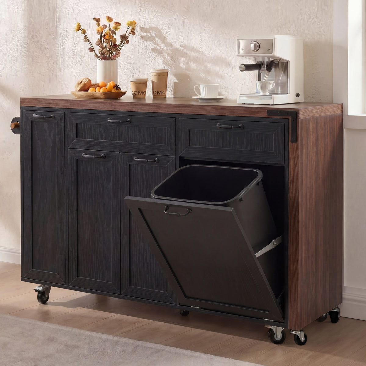 variant-group:rf-n707s000026b|Roomfitters 102.3" Kitchen Island with Tilt Out Trash Can Cabinet, Rolling Storage Cart, Slide-out Spice Rack, Black
