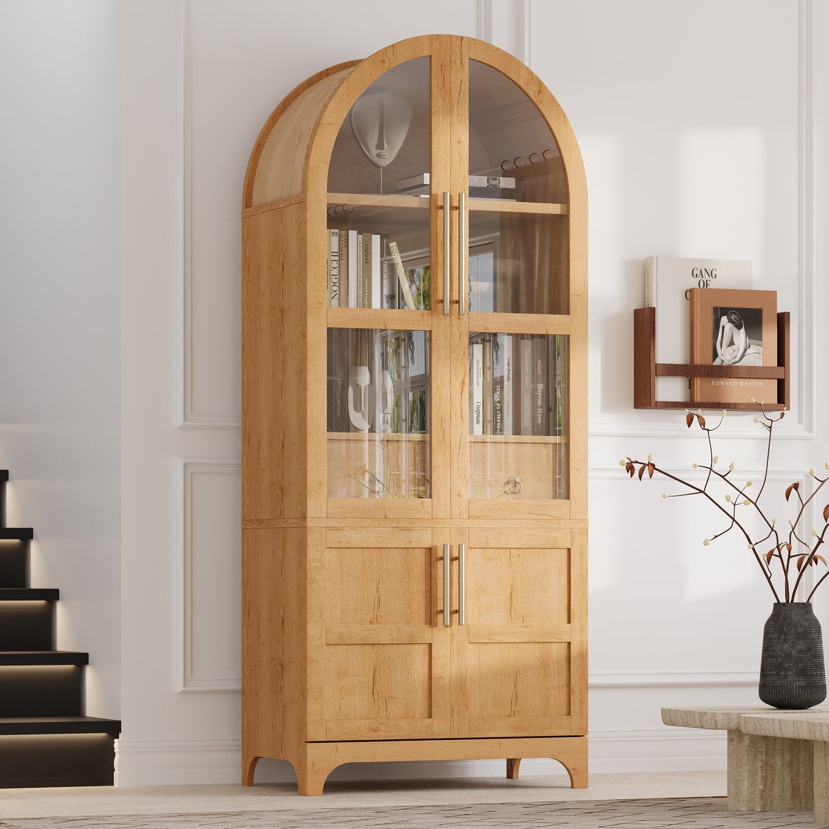 variant-group:rf-n707s288969y|Roomfitters 71" Pantry Cabinet with Arched Top & Glass Doors, 4-Door Storage Hutch with Adjustable Shelves for Kitchen, Natural