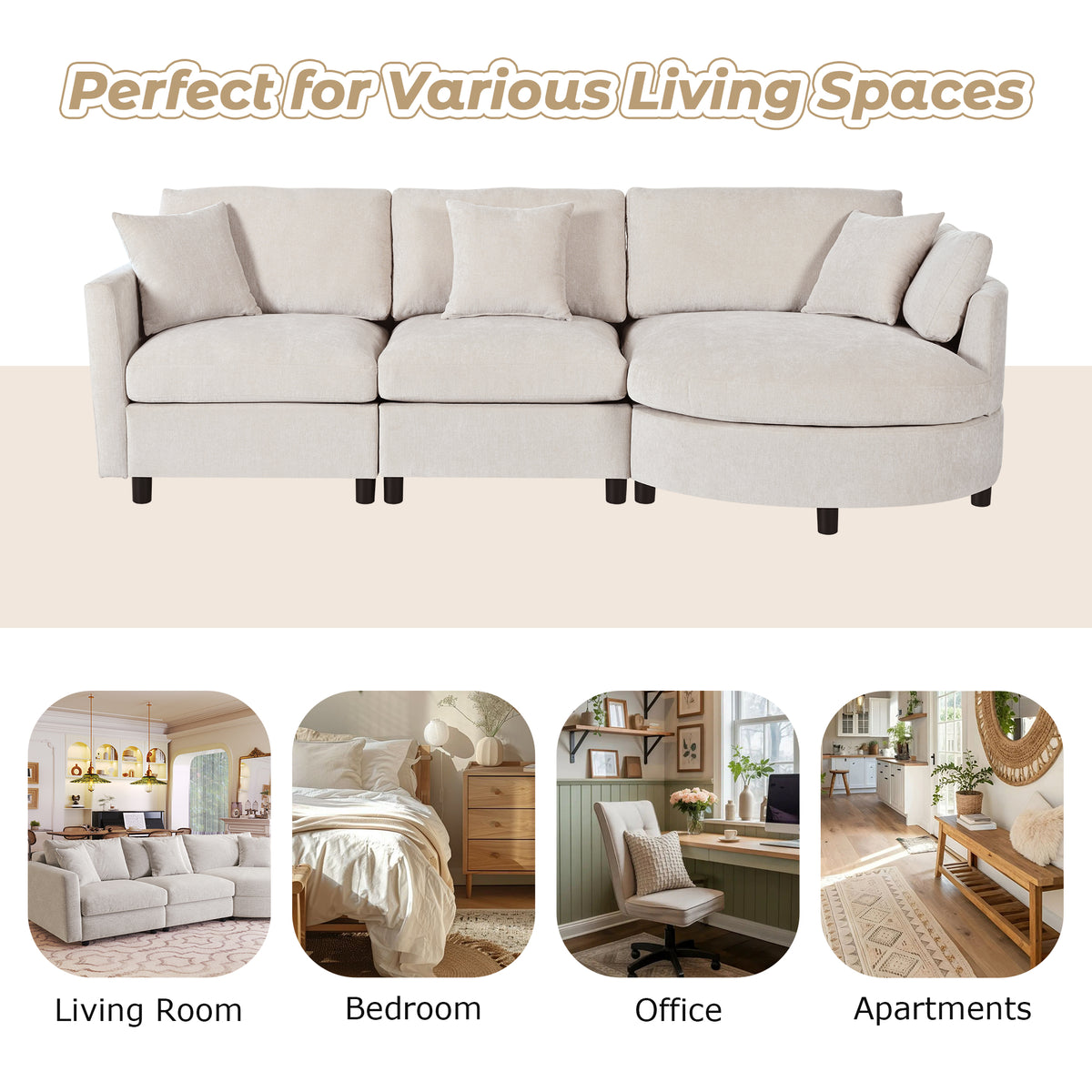 variant-group:rf-n711wy000461aaa|Roomfitters 107" Chenille Fabric 3-Piece Sectional Sofa, Modern Large L-Shaped Couch with Rounded Curved Chaise, Beige