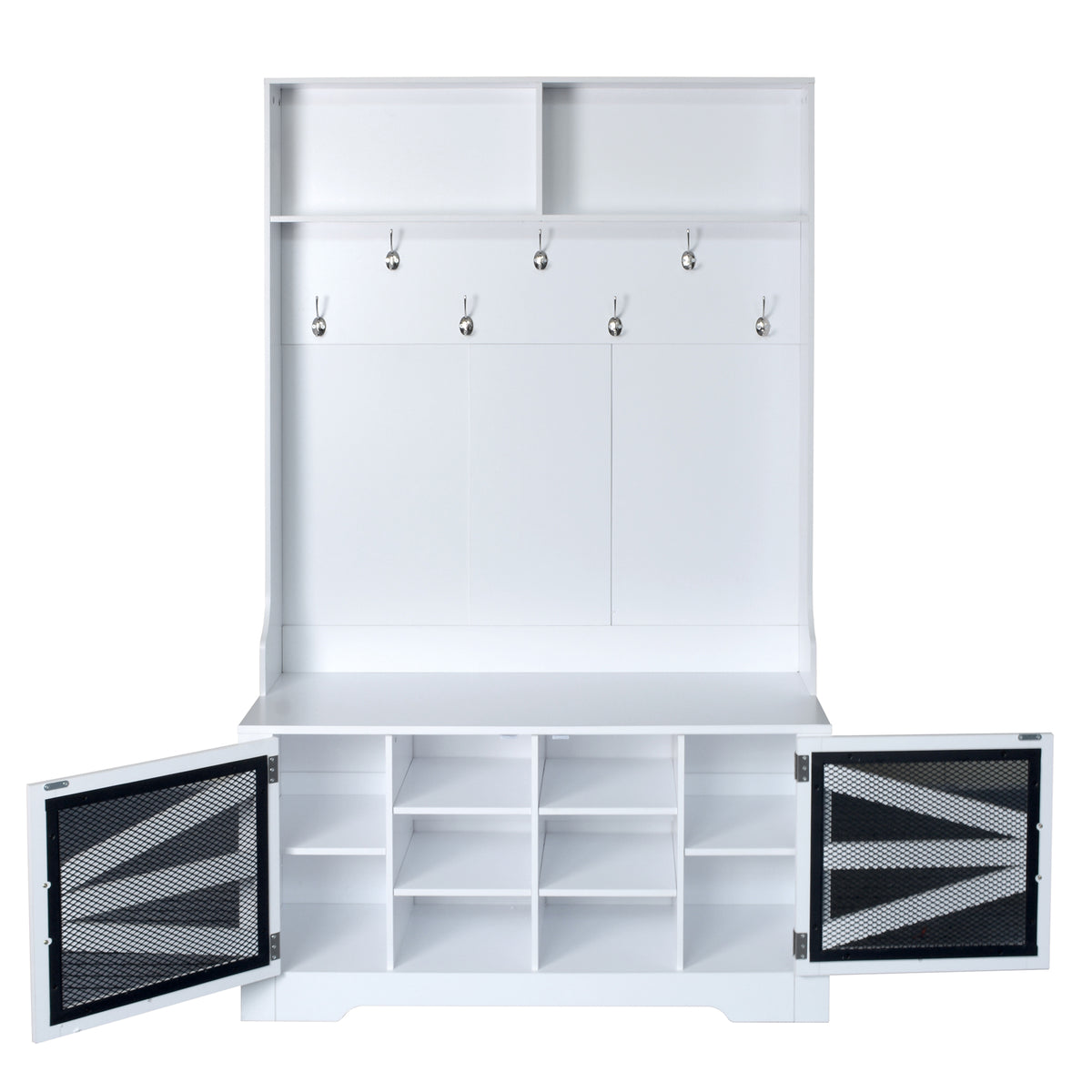 variant-group:rf-n724p264668k|Roomfitters 3-in-1 Entryway Bench with Coat Rack, Adjustable Shelves and 7 Hooks, 43.3" Hall Tree for Entrance or Living Room, White