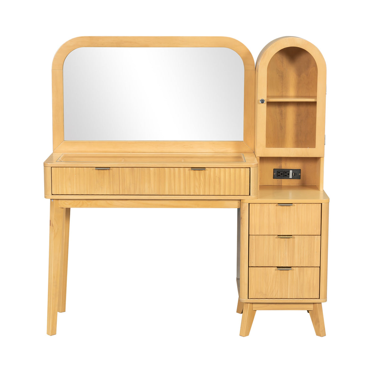 Roomfitters 48-Inch Fluted Makeup Vanity Desk with Arched Tower Glass Cabinet and Built-In Power Charging Station Natural Roomfitters