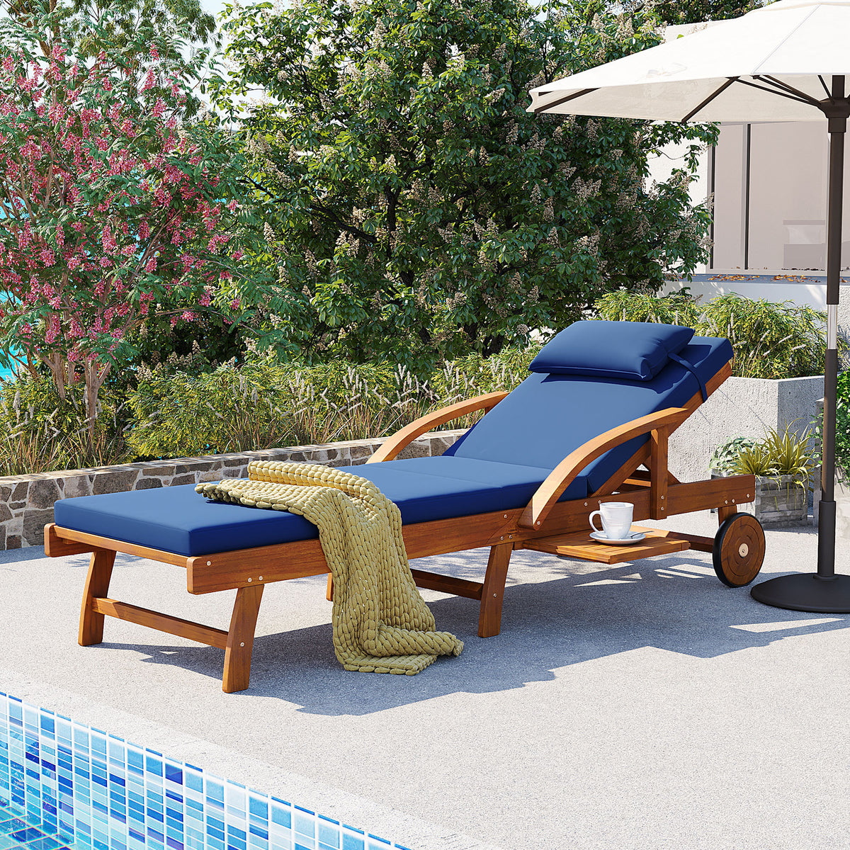 variant-group:rf-n711p415859c|Roomfitters Modern Resort Navy Blue Acacia Wood Outdoor Chaise Lounge Chair, Poolside Recliner, Retractable Tray
