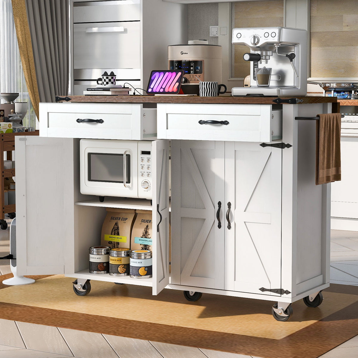 Roomfitters 53.5" Kitchen Island with Power Outlet and Drop Leaf, Rolling Storage Cabinet with Spice Rack, Modern Style, White