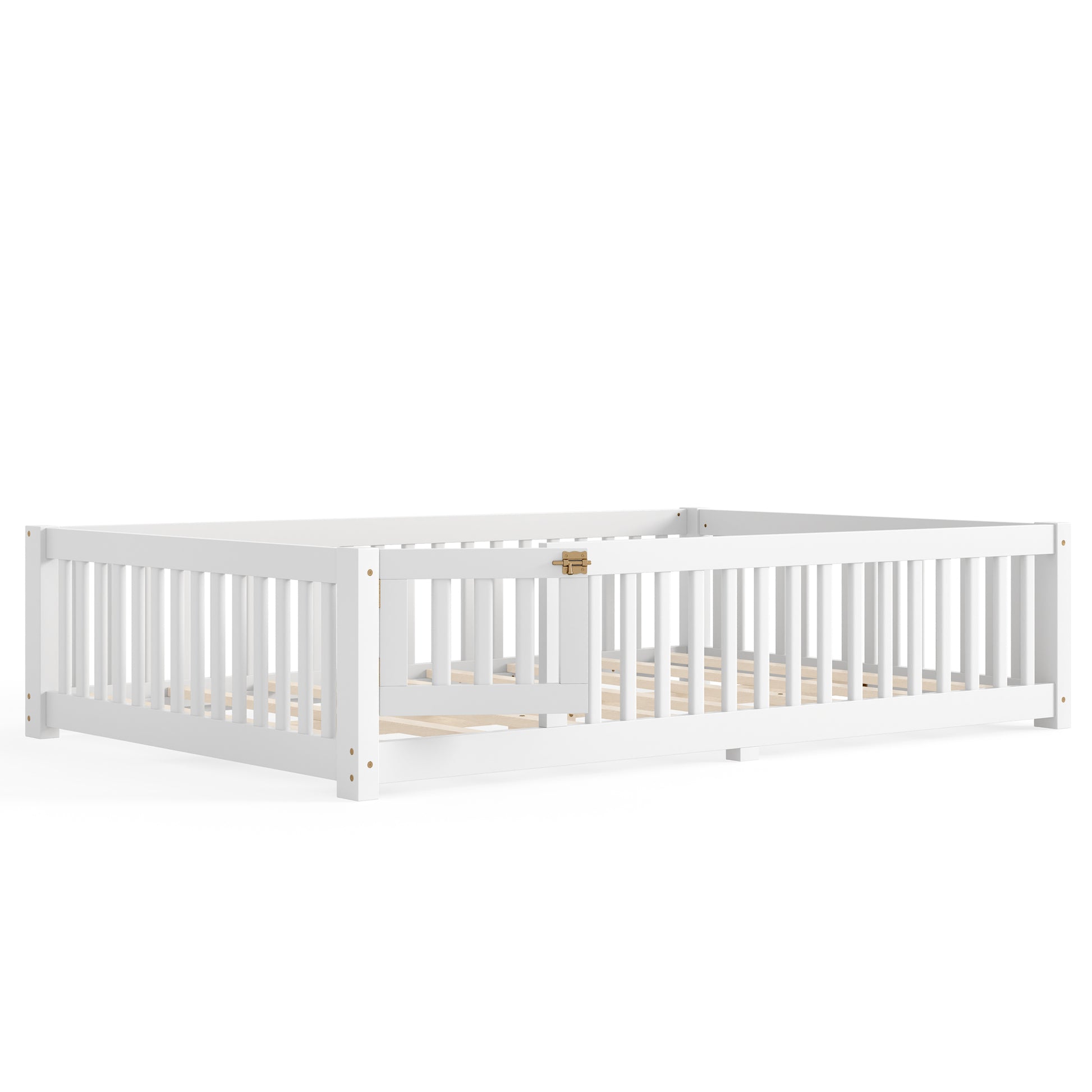 variant-group:rf-w1580p462324|Roomfitters Queen Size Wooden Floor Bed Frame with Safety Guardrails Door, Solid Wood Low Profile Toddler Play Bed, White