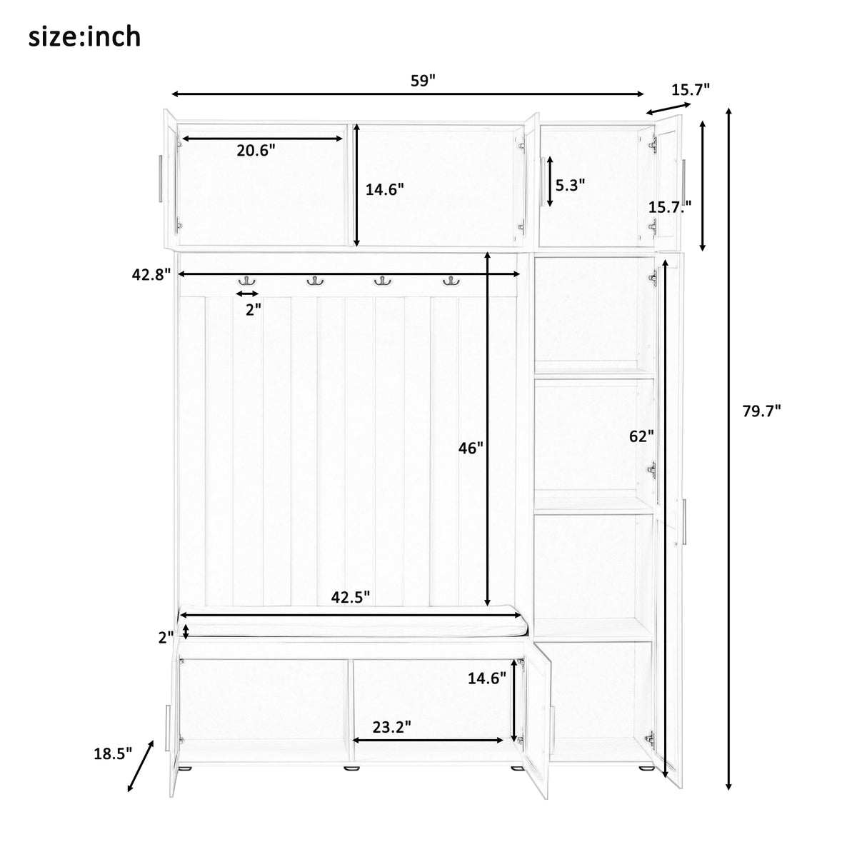 variant-group:rf-n724sj000166aak|Roomfitters American Style 4-in-1 Hall Tree, Upholstered Entryway Bench, Ancient White