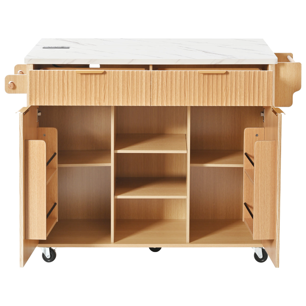 variant-group:rf-n707s000019y|Roomfitters 52" Fluted Kitchen Island with Drop Leaf, Power Outlet & Faux Marble Top, Natural