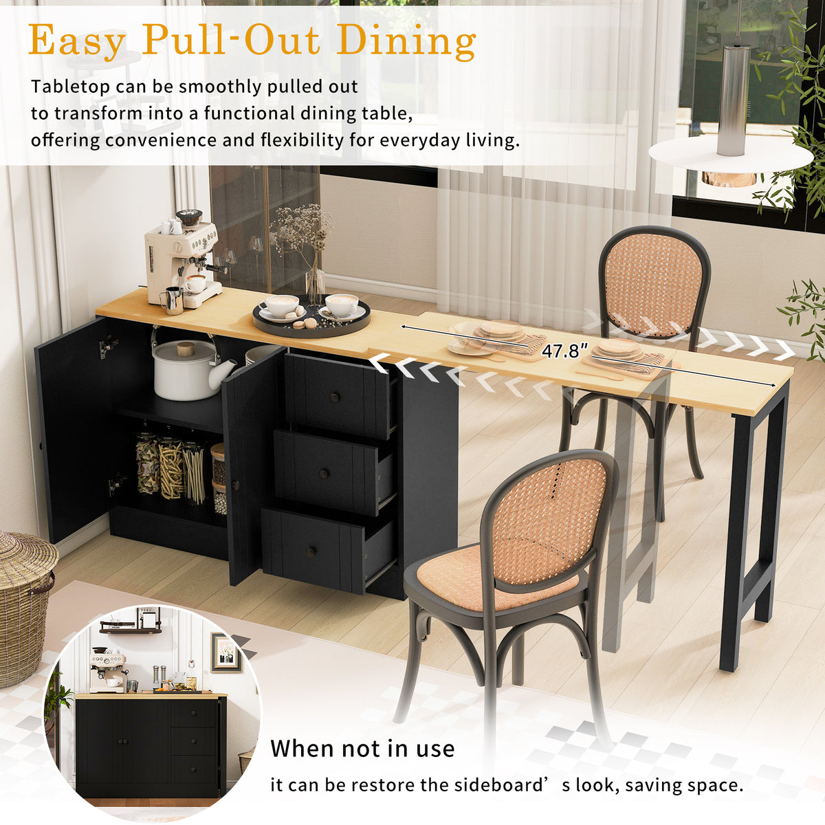 variant-group:rf-n711p334768o|Roomfitters Extendable Sideboard Buffet Cabinet with Storage, Multifunctional Console Table for Dining Room, Black+Natural