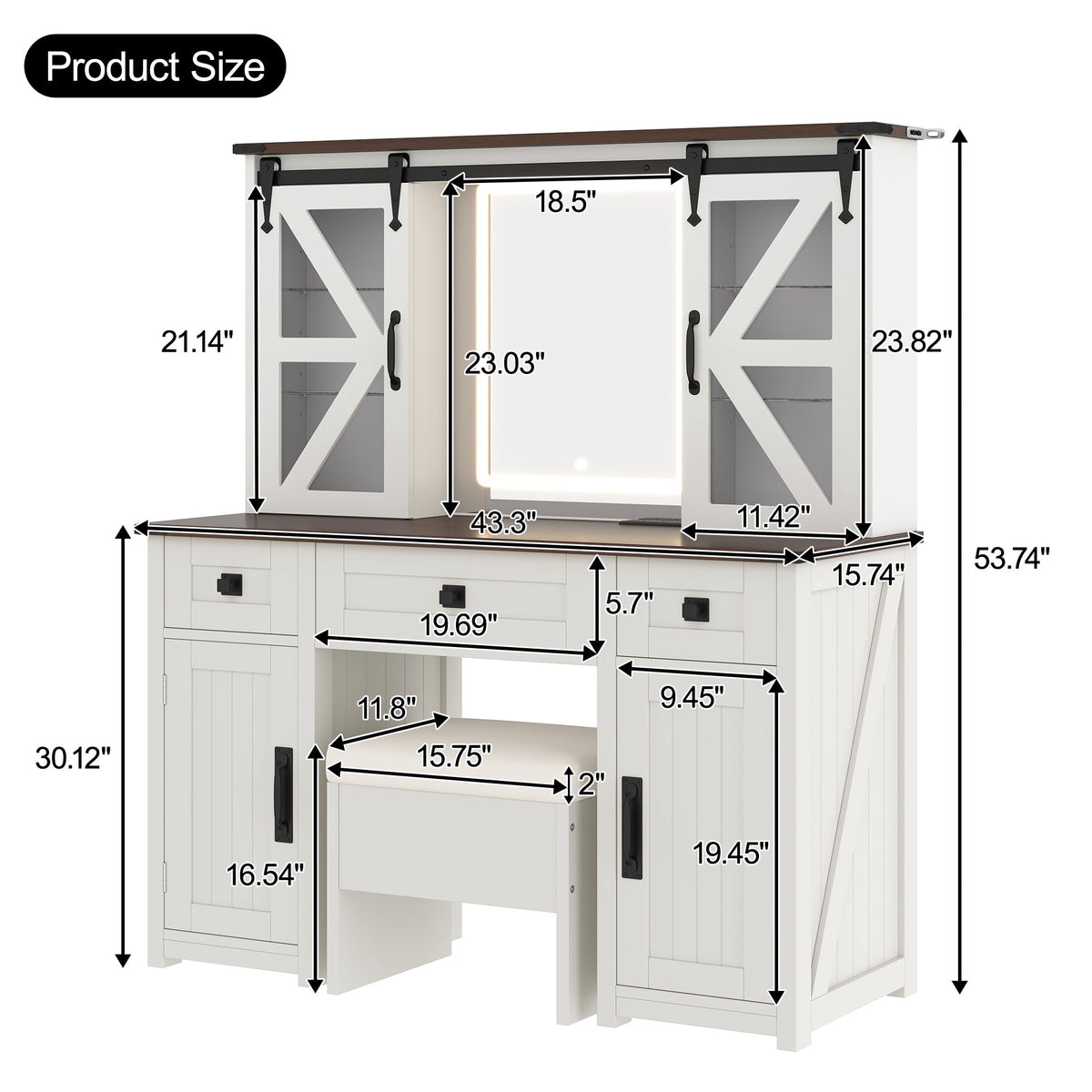 Roomfitters Farmhouse Makeup Vanity Desk with Lighted Mirror, Vanity Table Set with Storage Stool, Charging Station, Beige Roomfitters