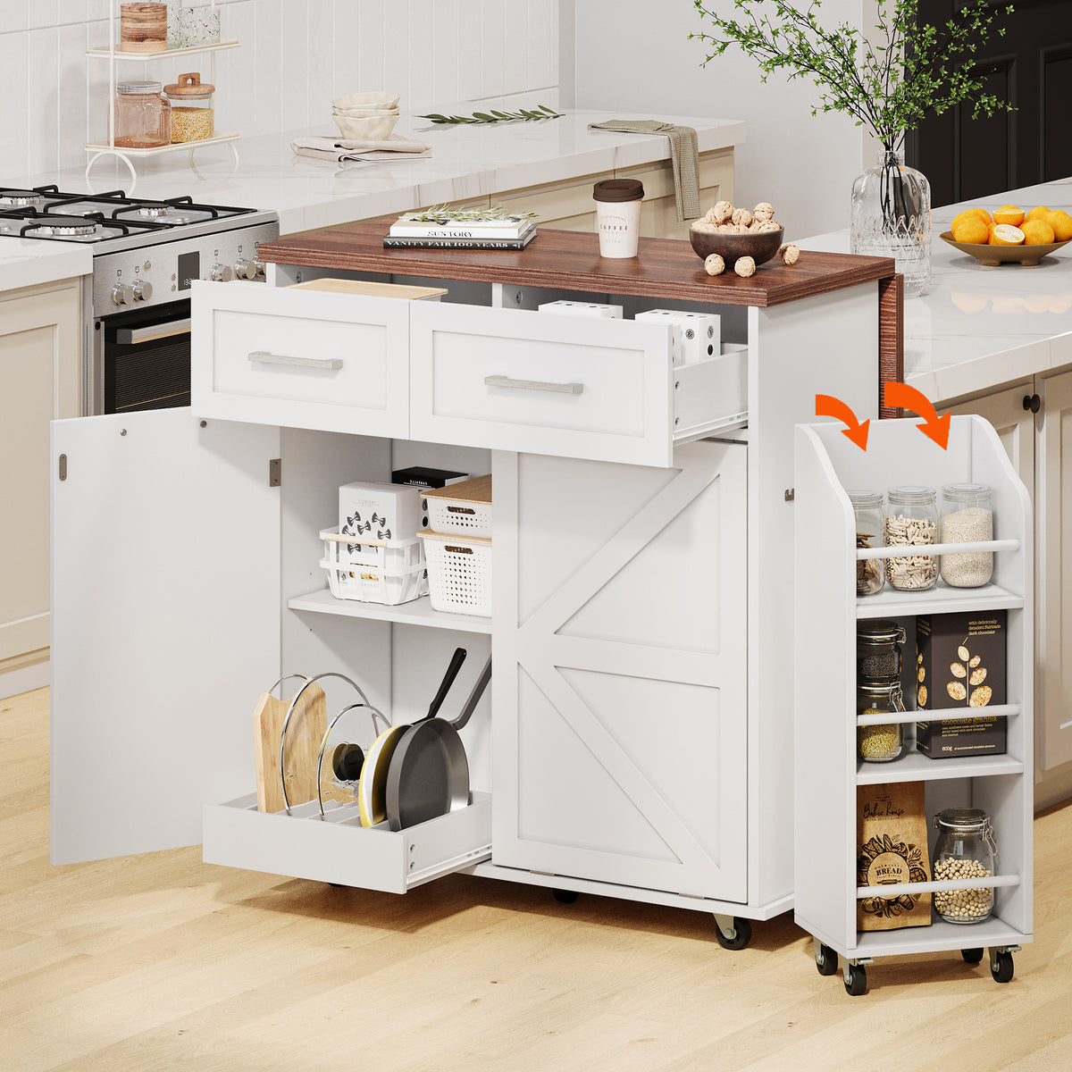 variant-group:rf-n707p307296w|Roomfitters 47.2" Farmhouse Kitchen Island with Drop Leaf, Tilt Trash Can Cabinet, Removable Mobile Side Racks, White