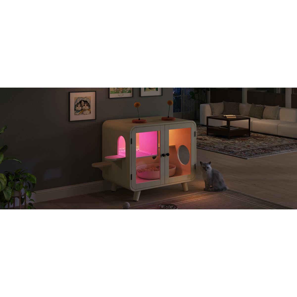 variant-group:rf-n704p419240a|Roomfitters Retro TV-Style Hidden Cat Litter Box Enclosure with App Controlled RGB LED Lights and Stairs Beige