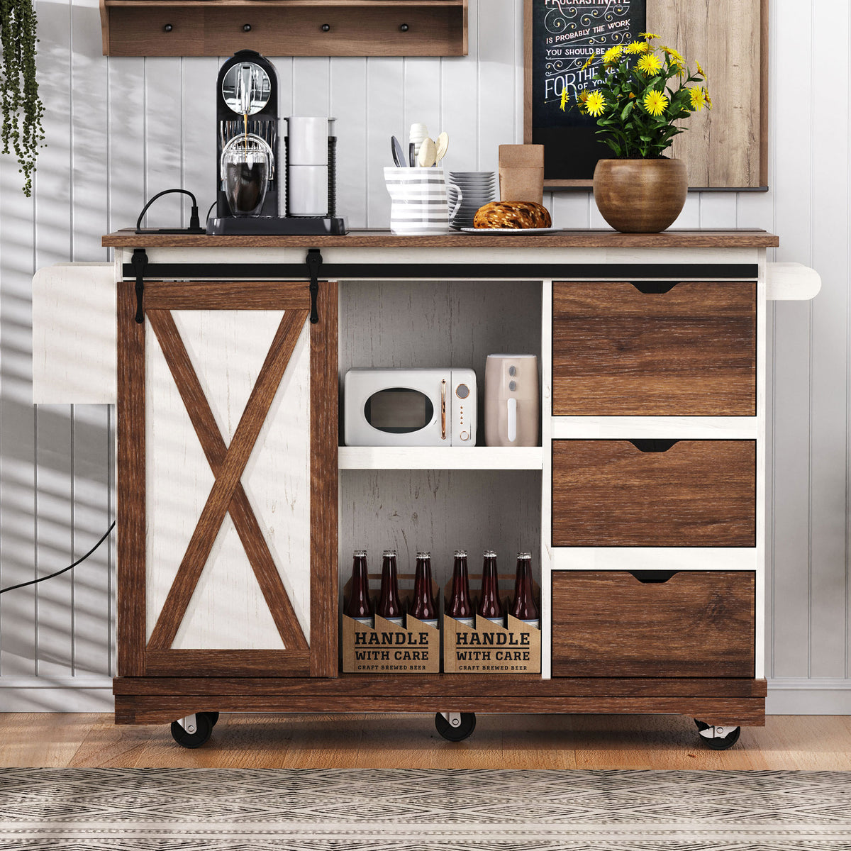 variant-group:rf-n707p288229w|Roomfitters 55.5" Rolling Kitchen Island with Drop Leaf, Mobile Kitchen Storage Cart with Sliding Barn Door, Power Outlets, White