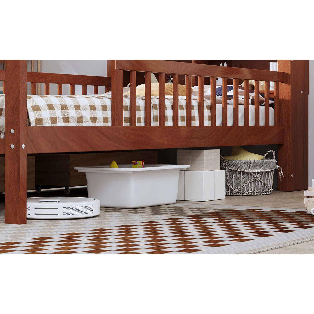 variant-group:rf-n733p272374d|Roomfitters Twin Bed with Headboard Storage Rack, Under-Bed Storage and Three-Side Guardrails, Walnut